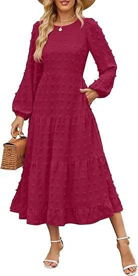 Long sleeve casual dress with ruffle sleeves and high waist in solid colour.