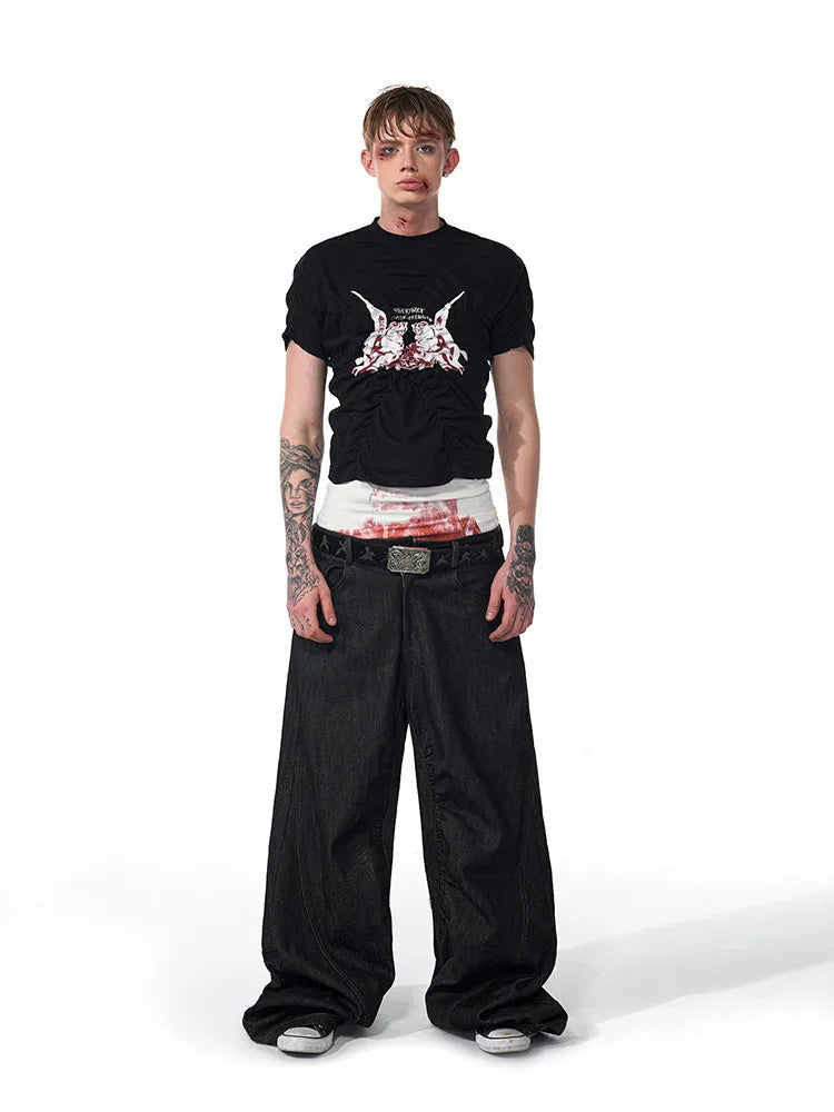 Black men's slim fit short sleeve t-shirt with a printed design and round neck.