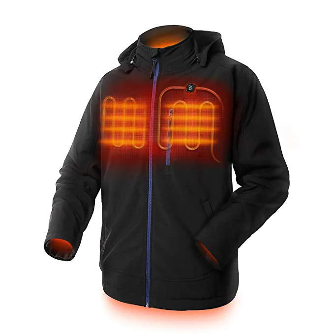Black USB-powered waterproof winter coat for men with zipper pockets, shown in size L.