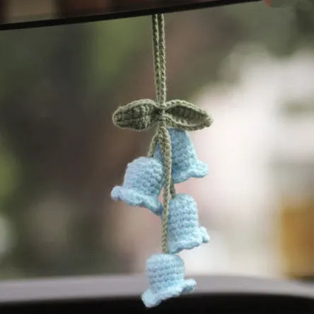 Green and white knitted wool macramé car air plant holder with hanging cord