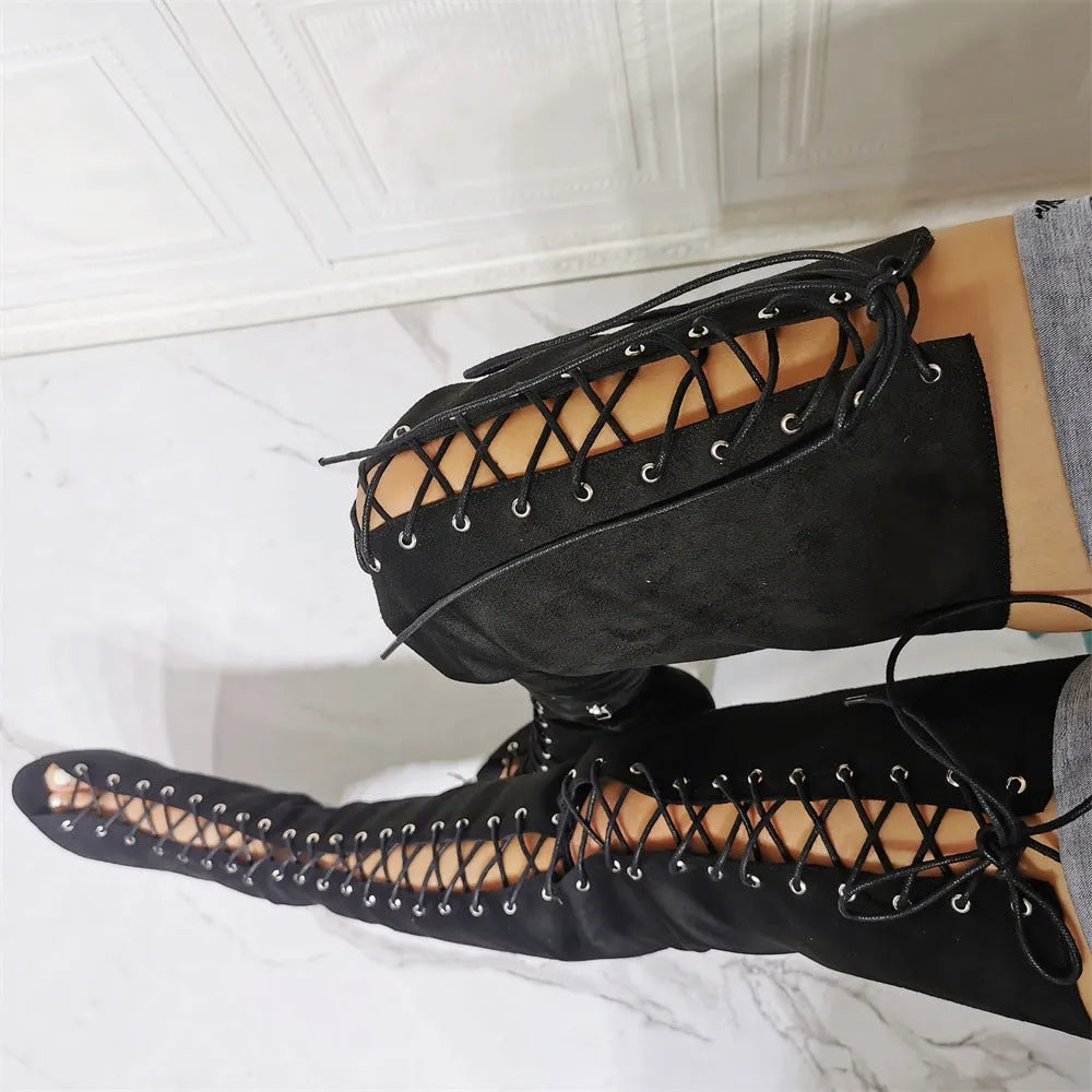 Women's black suede lace-up stiletto heel peep-toe boots with round toe and rubber sole