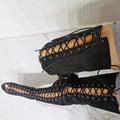 Women's black suede lace-up stiletto heel peep-toe boots with round toe and rubber sole