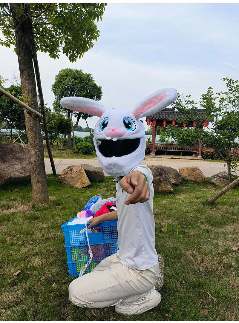 White decorative rabbit head helmet cover with long ears made from plush PP cotton for motorcycle protection