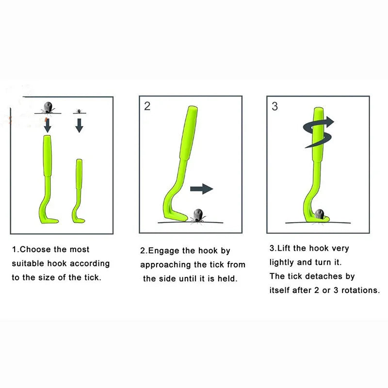 Set of three blue or green plastic tick removal hook tools for pets on a white background.