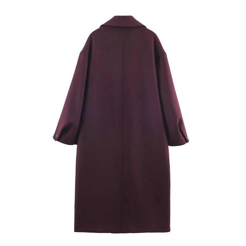 Women's loose fit wine red spandex long overcoat for commute