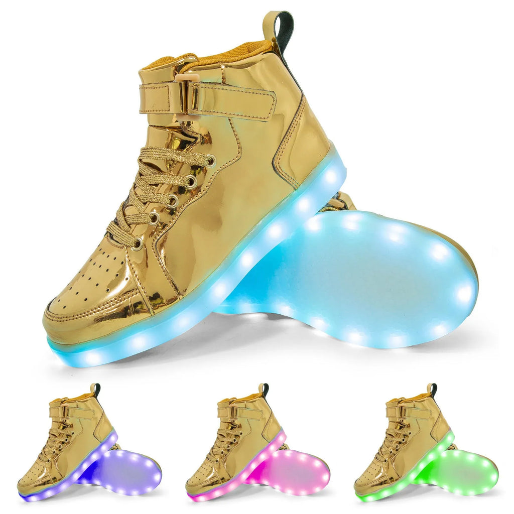 LED light-up high-top board shoes with Velcro strap, shown in multiple colours.