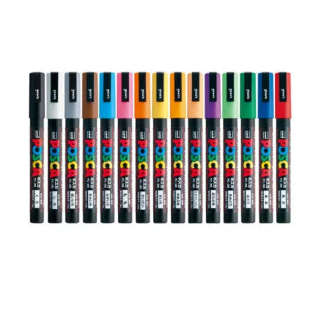 8-colour acrylic marker pen set with 0.9-1.3mm tips and 141mm pens in a plastic case.
