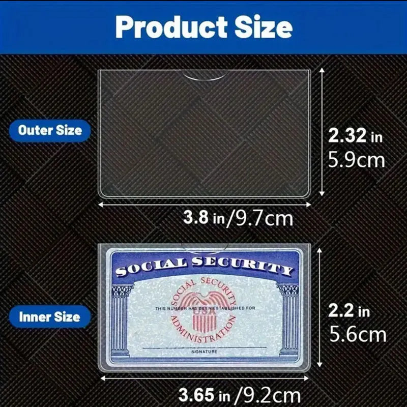 Transparent PVC waterproof cover for a social security card, showing dimensions of 9.7 by 5.9 centimetres.