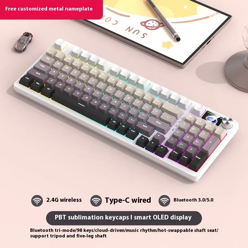 98-key wireless Bluetooth mechanical keyboard kit with metal control knob and multiple colour options