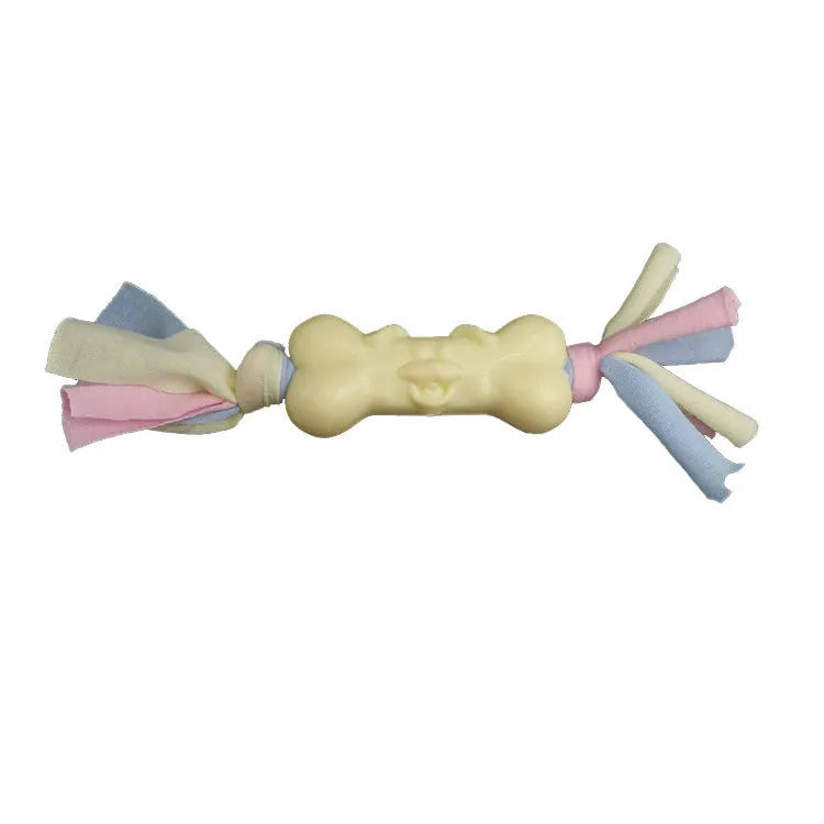TPR dog bone chew toy with cotton cloth strips, 21 x 8.5 x 3.5cm, pink blue yellow pet molar toy