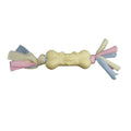 TPR dog bone chew toy with cotton cloth strips, 21 x 8.5 x 3.5cm, pink blue yellow pet molar toy