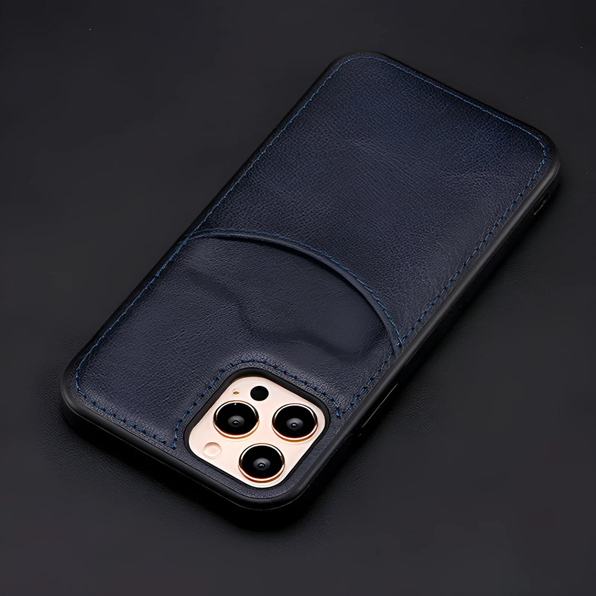 Dark blue PU leather protective case for an iPhone, showing front and back views.