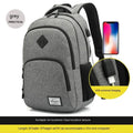 Grey nylon backpack with USB charging port and trolley attachment strap