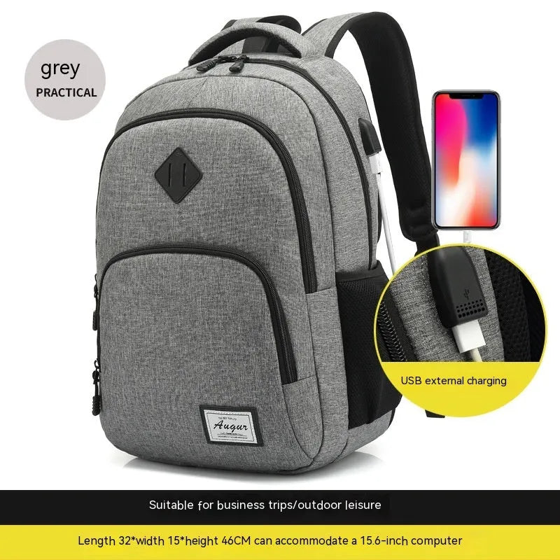 Grey nylon backpack with USB charging port and trolley attachment strap