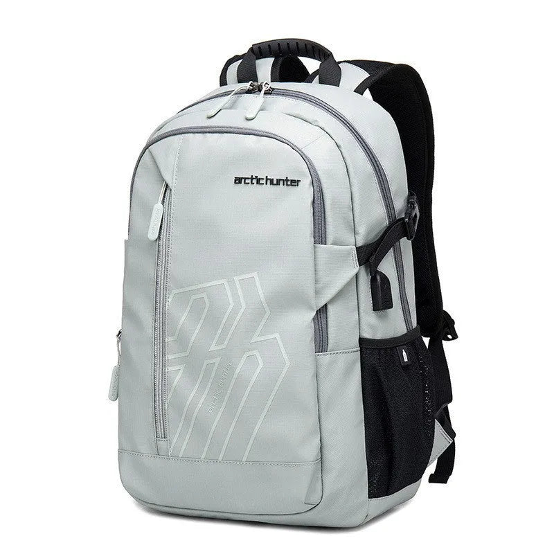 18-inch plaid polyester computer backpack with curved shoulder strap in blue, black, grey, or orange