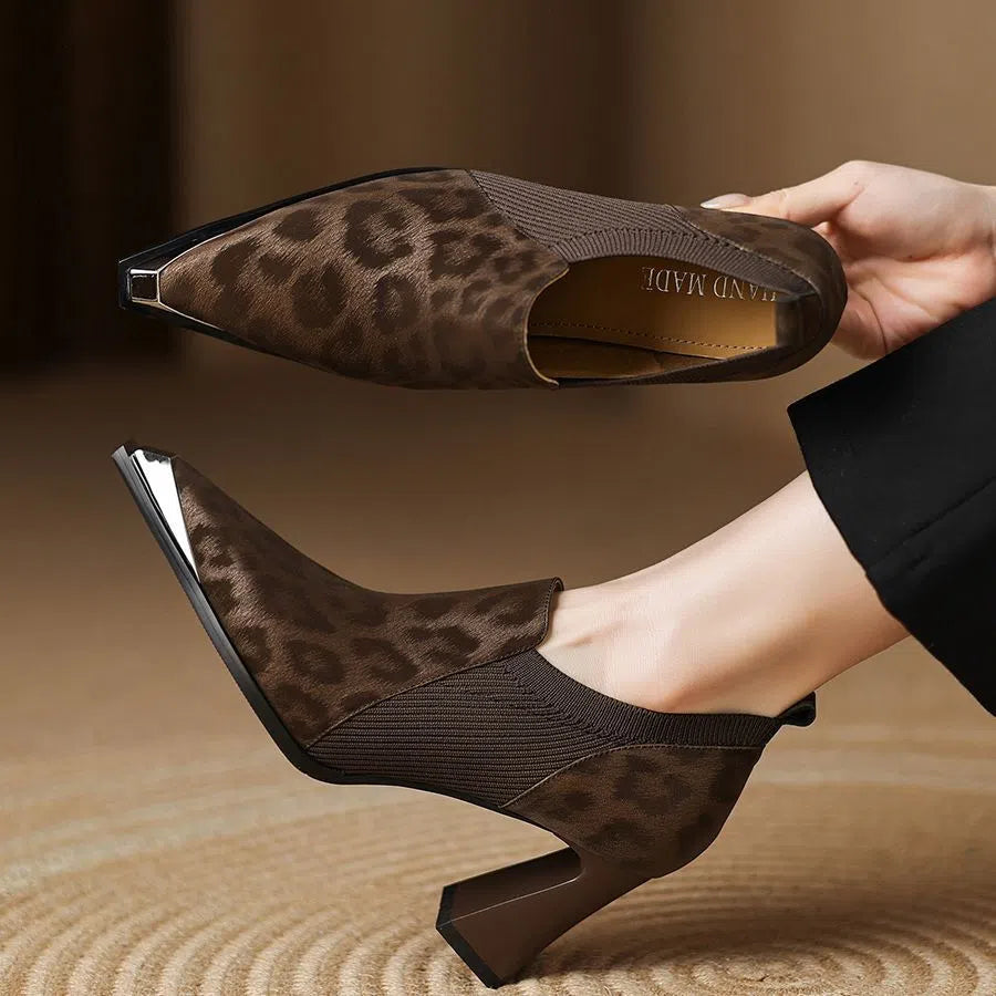 Women's leopard print high heels with chunky heel, pointed toe, PU upper, black or brown, sizes 35-40