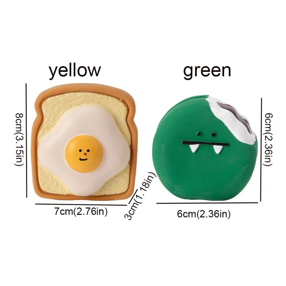 Yellow bread shaped latex dog chew toy with cartoon patterns and squeaker
