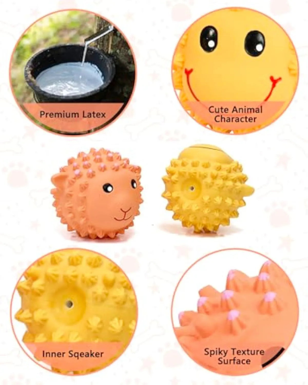 Orange and yellow spiky squeaky dog toy with animal design for small medium breeds