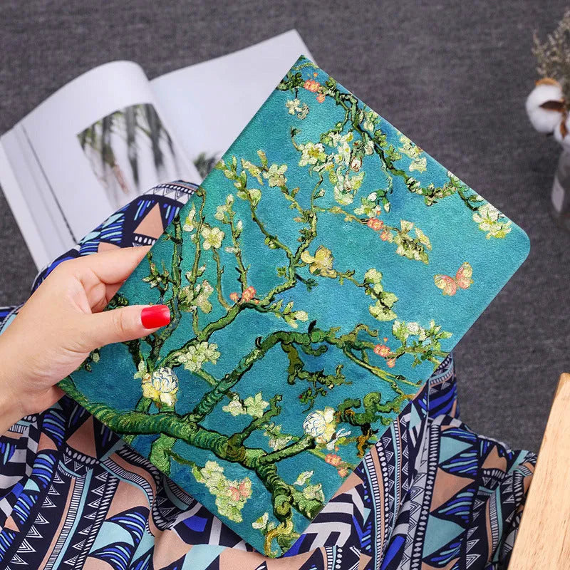 Handmade liquid silicone iPad flip case with floral oil painting artwork in Apricot Flower colour.