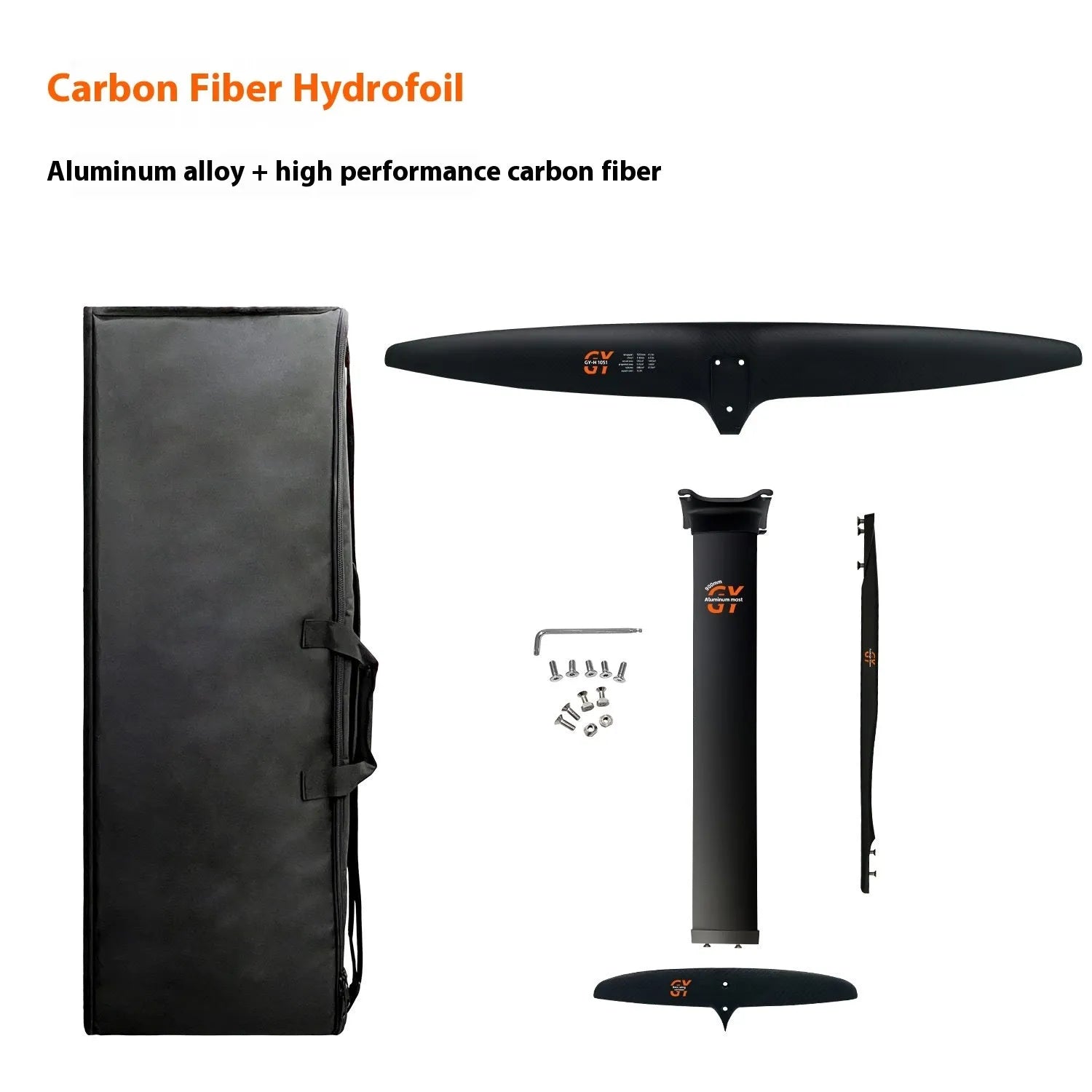 Black carbon fibre racing hydrofoil surfboard with aluminium mast and large front wing