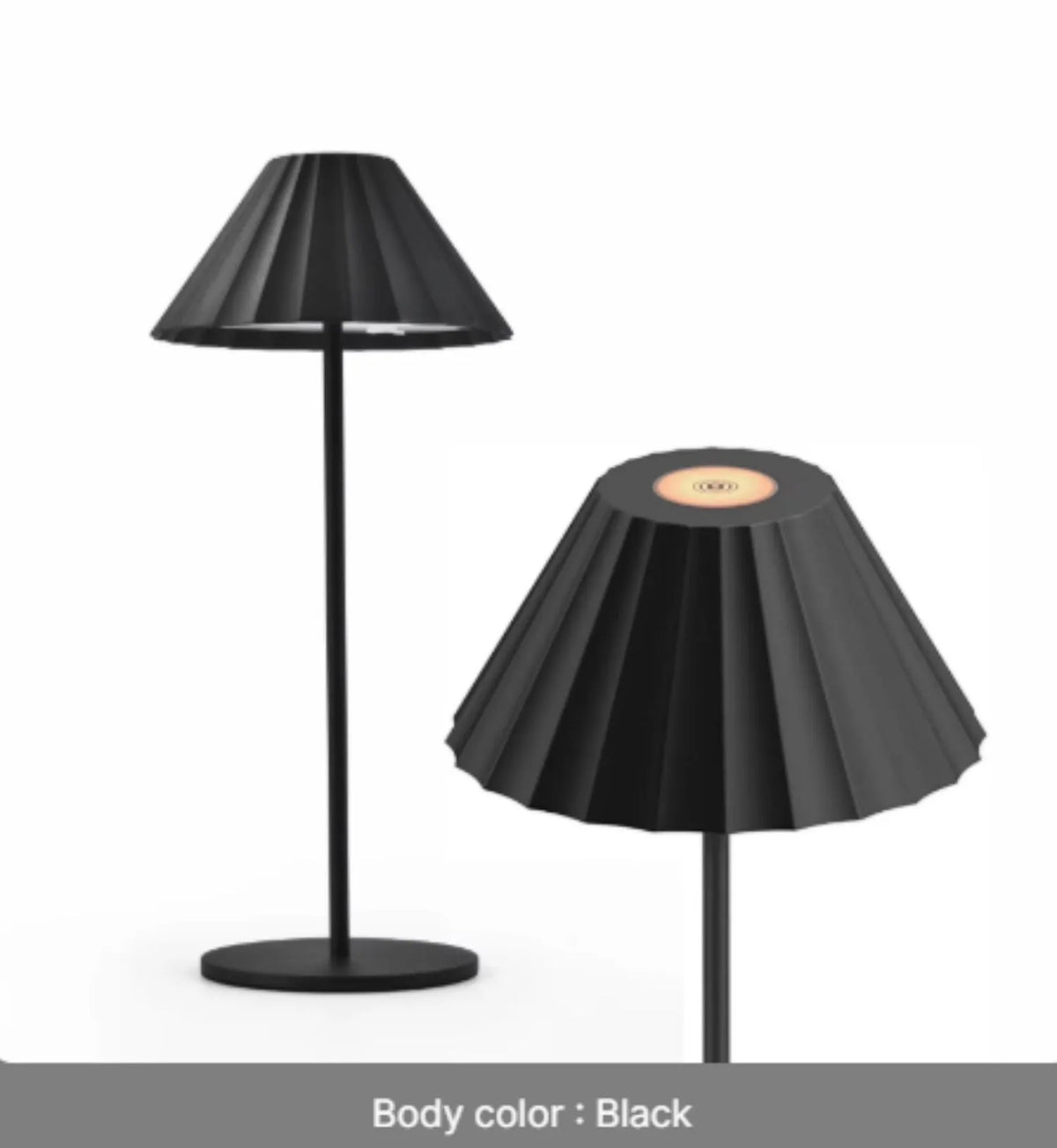 Alloy desk lamp in black finish with a touch-sensitive base for dimming control.