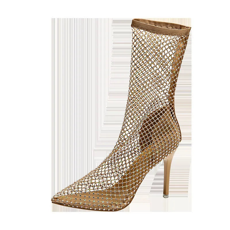 Gold women's high heel sandals with mesh uppers and pointed stiletto design