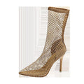 Gold women's high heel sandals with mesh uppers and pointed stiletto design