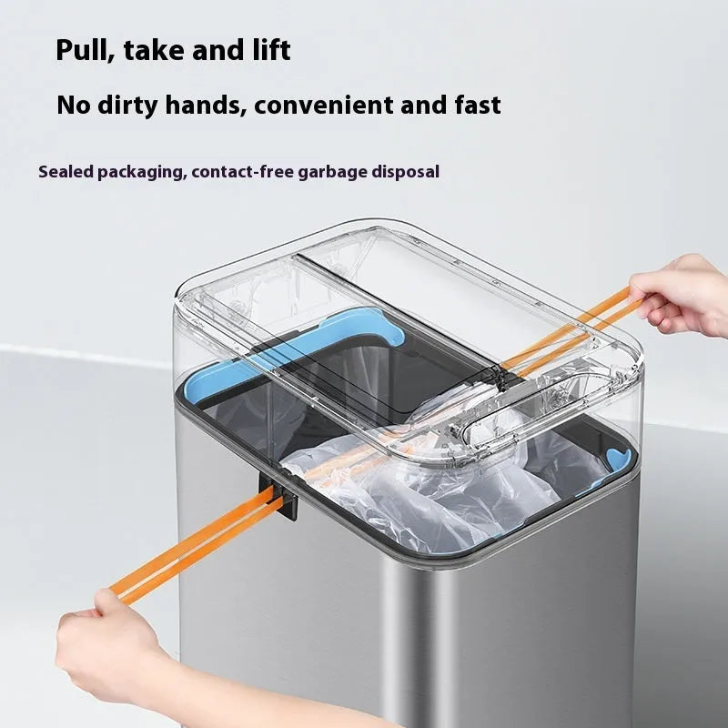 Stainless steel inductive smart trash can with deodoriser in a square shape, shown in a kitchen setting.