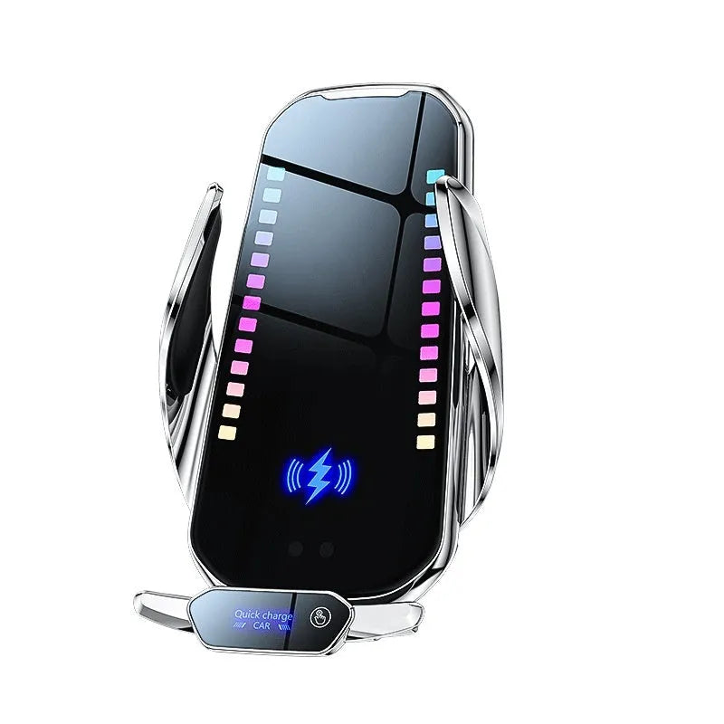Silver car mobile phone holder with wireless charging on dashboard with suckered pedestal base