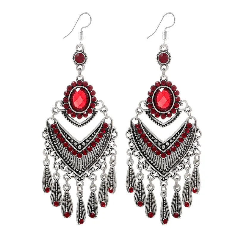 Retro purple alloy drop earrings with crystal elements and long fringe detailing