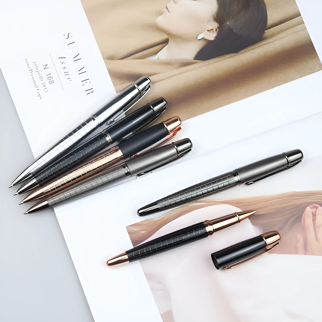 Gun grey metal roller pen with water-based ink refill showing 13.5cm length