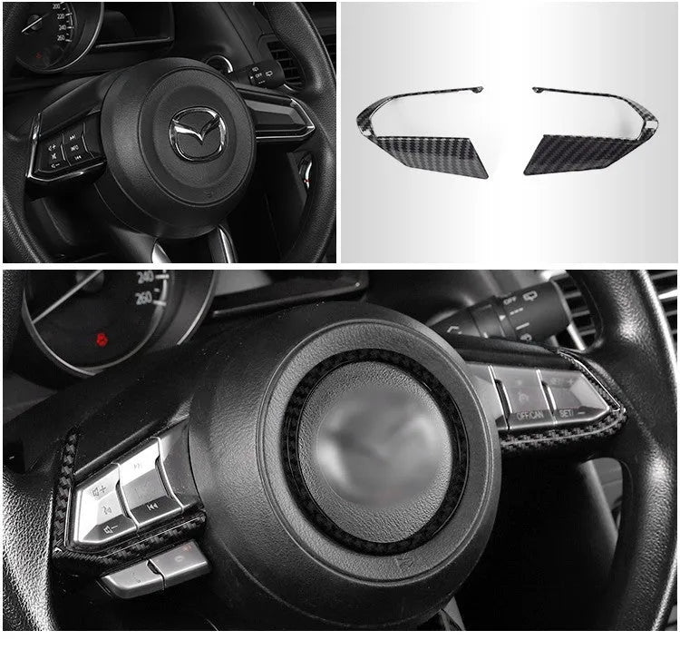 A pair of left and right carbon fibre pattern ABS plastic frames for car steering wheel decoration.
