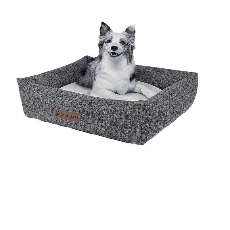 Square linen dog bed in plaid pattern, showing size options for small to extra large dogs.