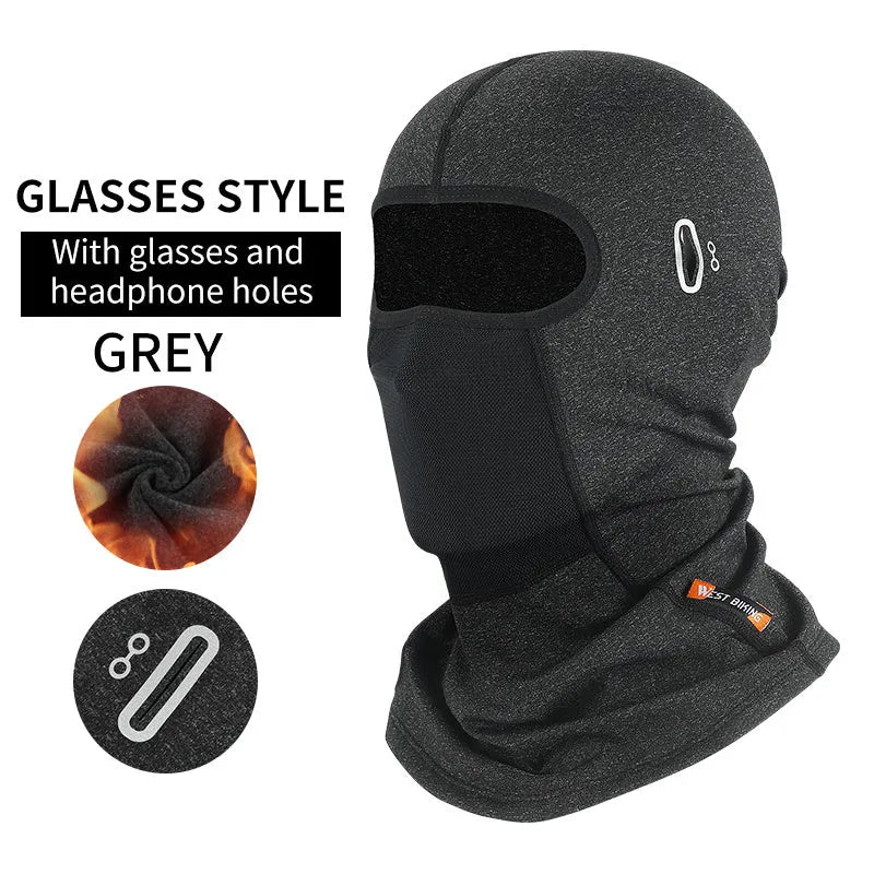 Stretch fleece balaclava with glasses hole in black and grey, 35g free size for ski, motorcycle, and bicycle use