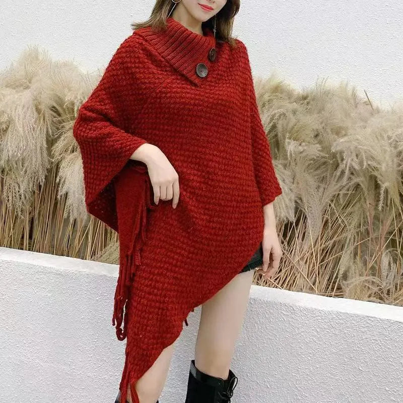 Women's triangle shawl cape in plush cashmere acrylic fabric with tassel detailing
