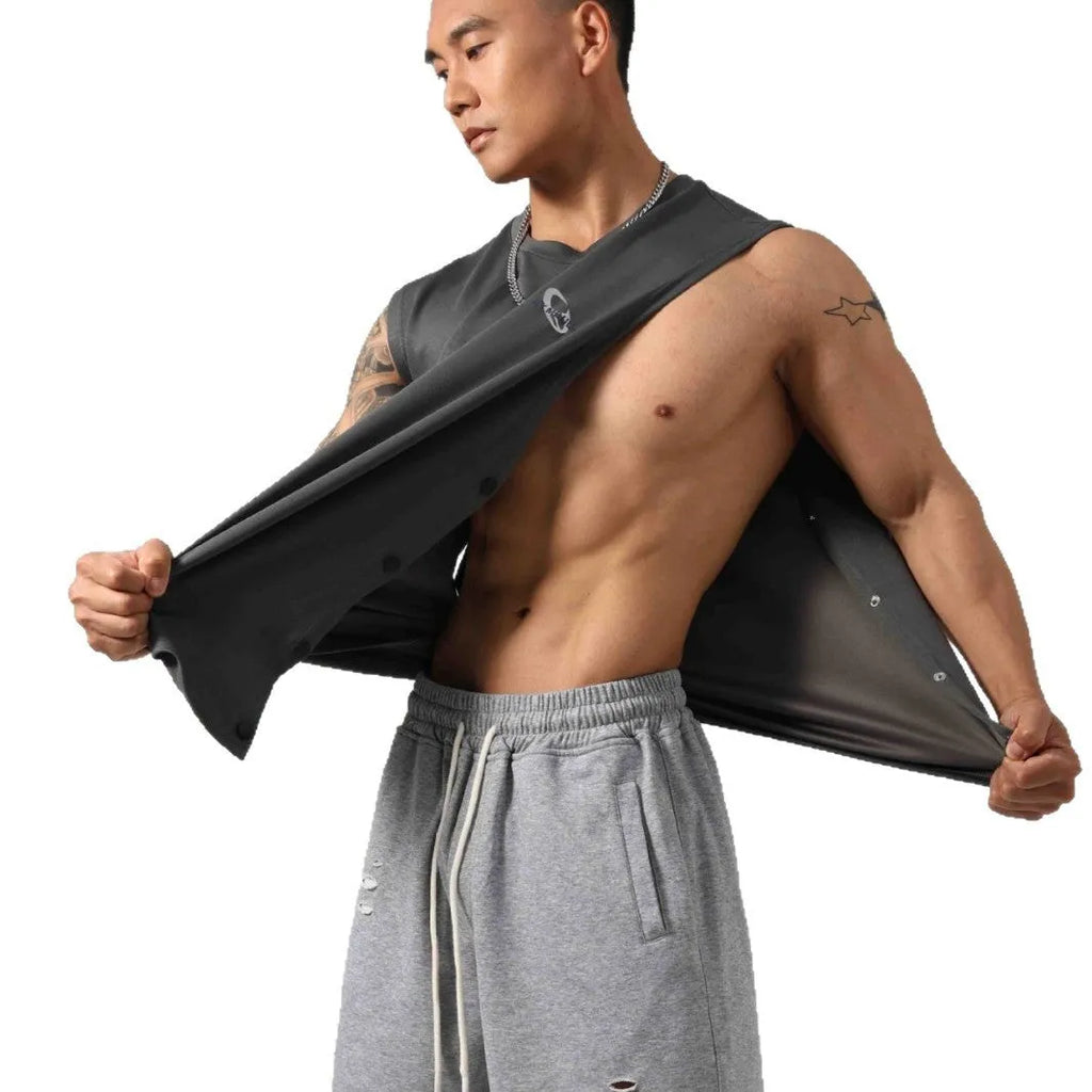 Men's black Korean style loose fitness vest with hidden hook openings on the sides