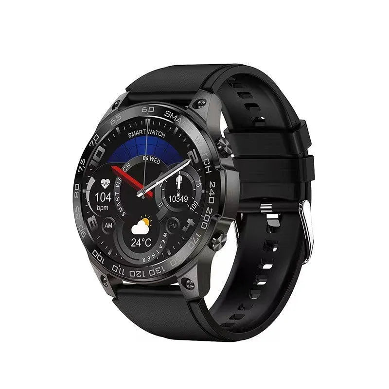 Round Bluetooth smartwatch with AMOLED screen on a silicone strap, showing fitness stats.