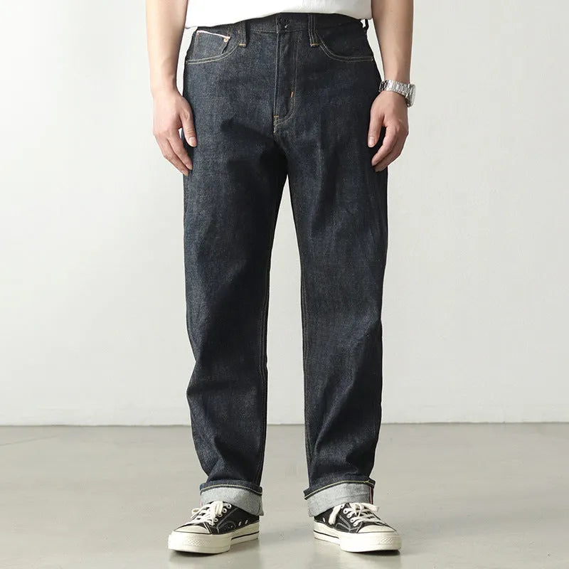 Men's high waist thickened denim trousers in dark indigo, long length, cotton denim, sizes 29-36