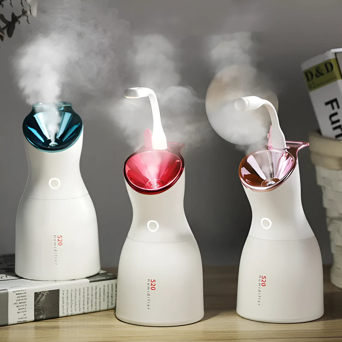 Large capacity 520 beauty humidifier in pink, red, or blue, plastic desktop unit measuring 107mm x 99mm x 196mm