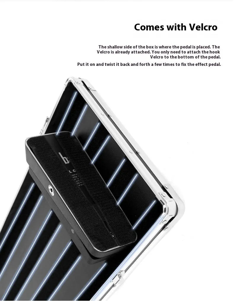 Hard-shell black flight case for a TEC8 trumpet style box guitar effects unit.