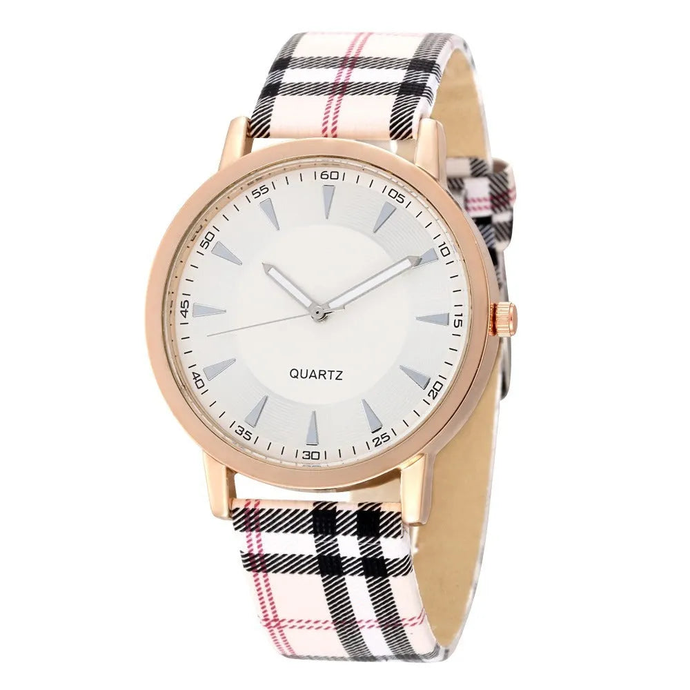 Gold black women's leather strap quartz watch with round 32mm dial and slim 6mm case