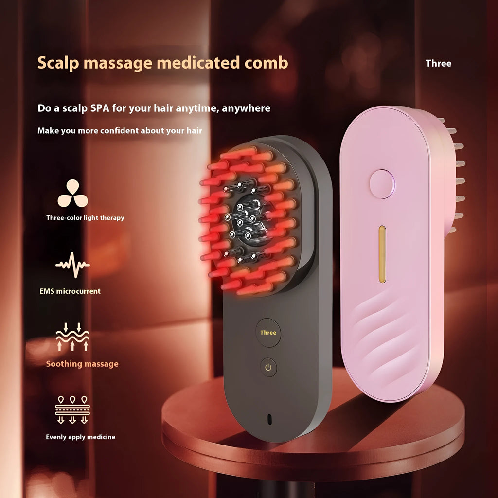 Smart massage comb with red light technology for head care in pink and black colour options