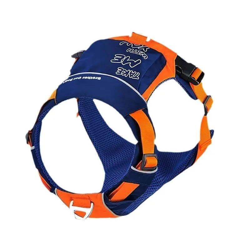 Orange blue dog chest strap vest harness with hand rope leash on adjustable nylon construction