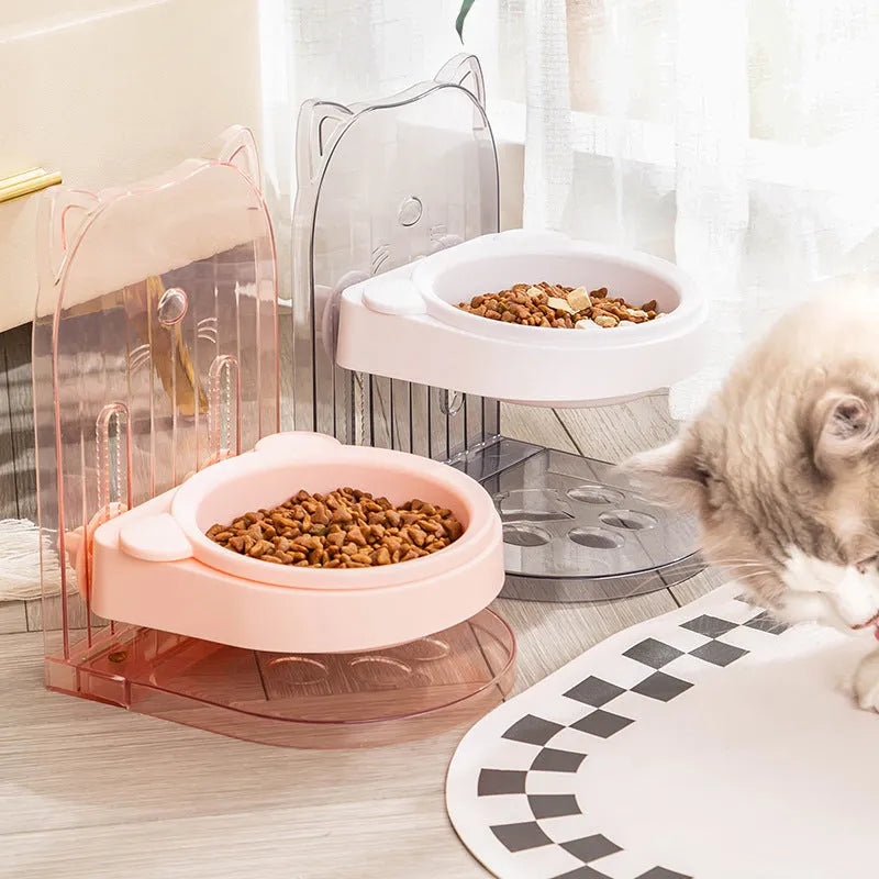 Grey anti-spill cat feeding bowl with neck protection and adjustable height mechanism
