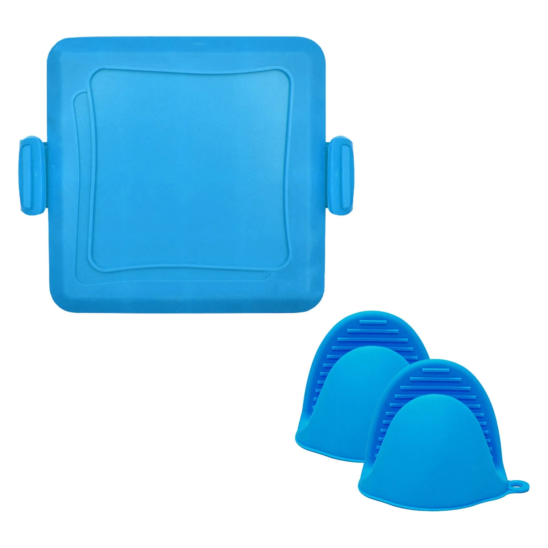 Red silicone baking tray with matching anti-scald gloves on kitchen counter