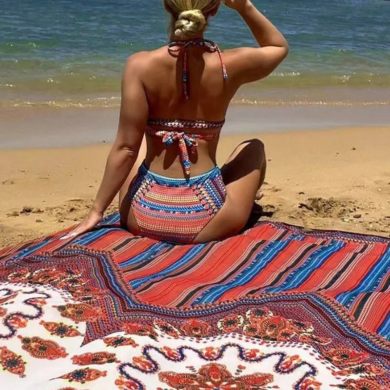 Women's three-piece swimsuit set showing sleeveless cutout blouse, high-waisted briefs, and a coat in the pictured colour.