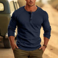 Men's white cotton blend Henry collar long-sleeved t-shirt on hanger