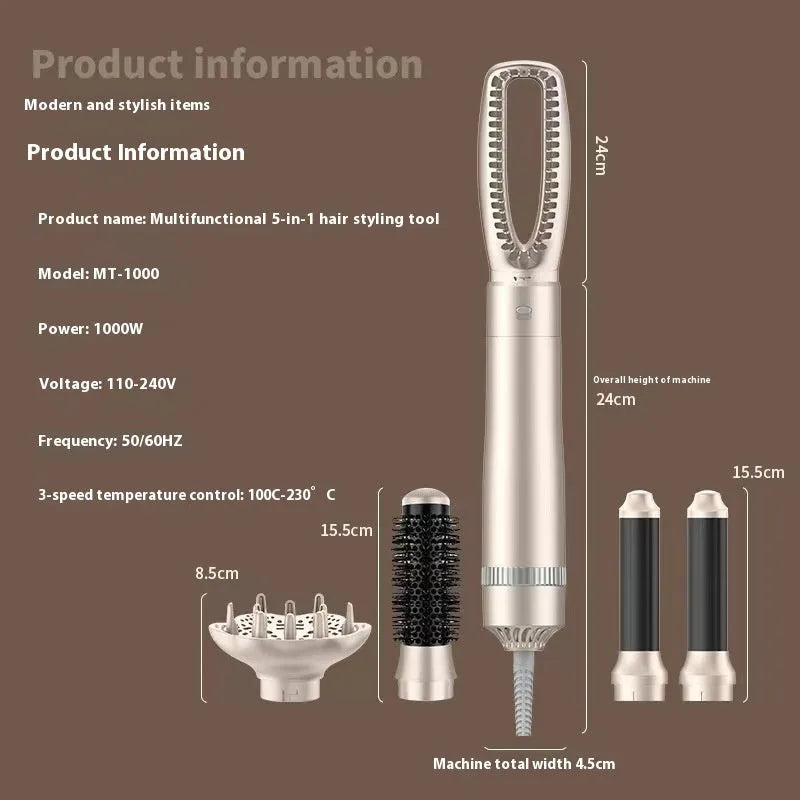 Champagne gold five-in-one hot air comb hair curler and straightener styling tool