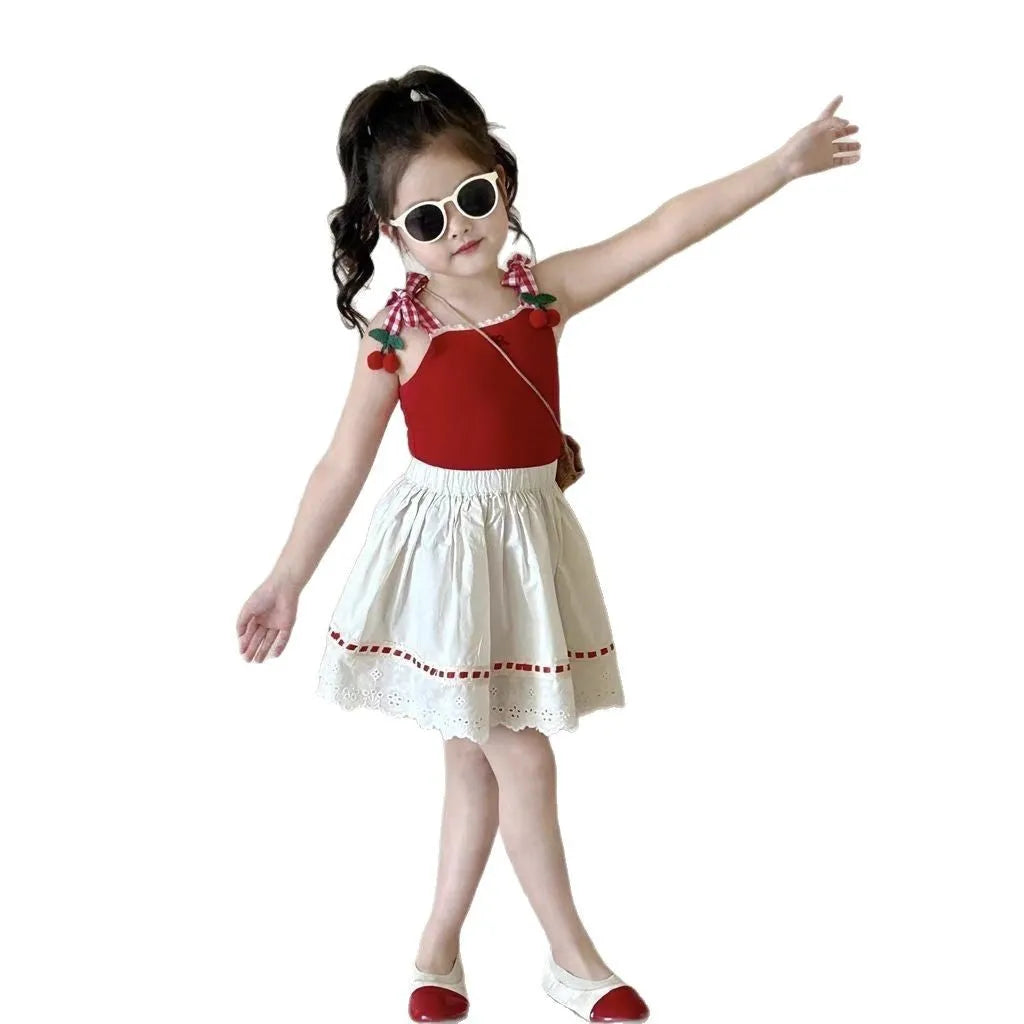Girls cotton lace two-piece skirt suit in red with sleeveless top and matching skirt for summer