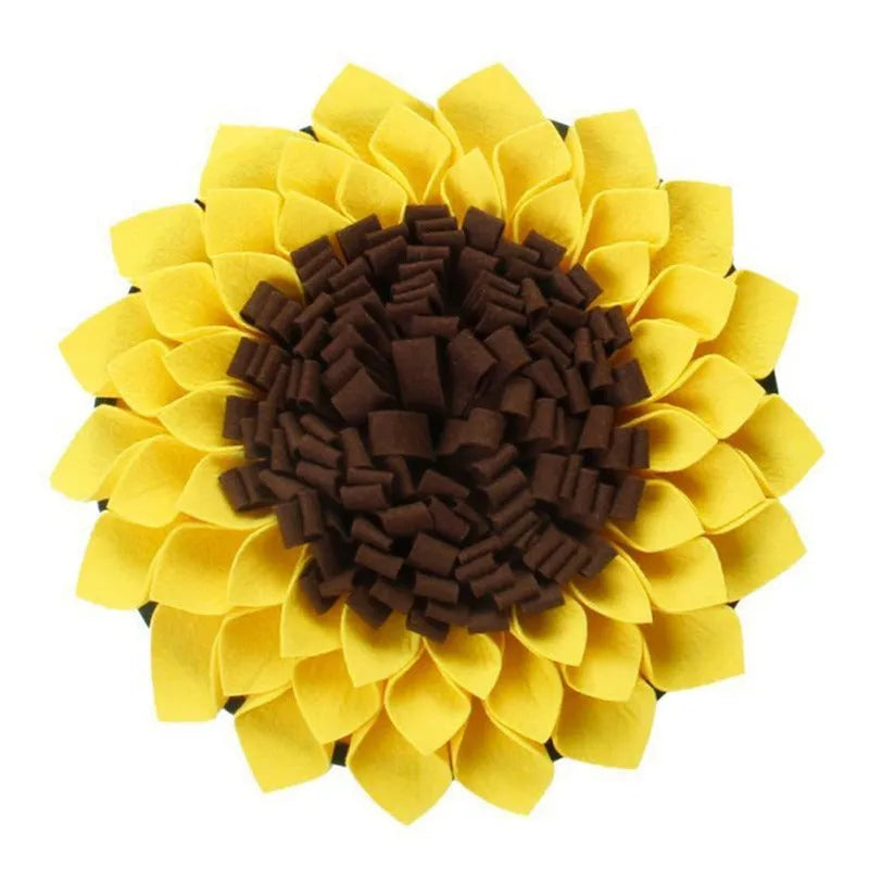 Yellow sunflower-shaped dog snuffle mat with rope attachment for nosework training